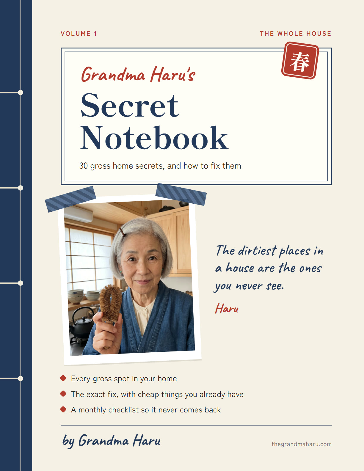 The cover of Grandma Haru's Secret Notebook: an indigo stitched notebook with a red seal and Haru's photo