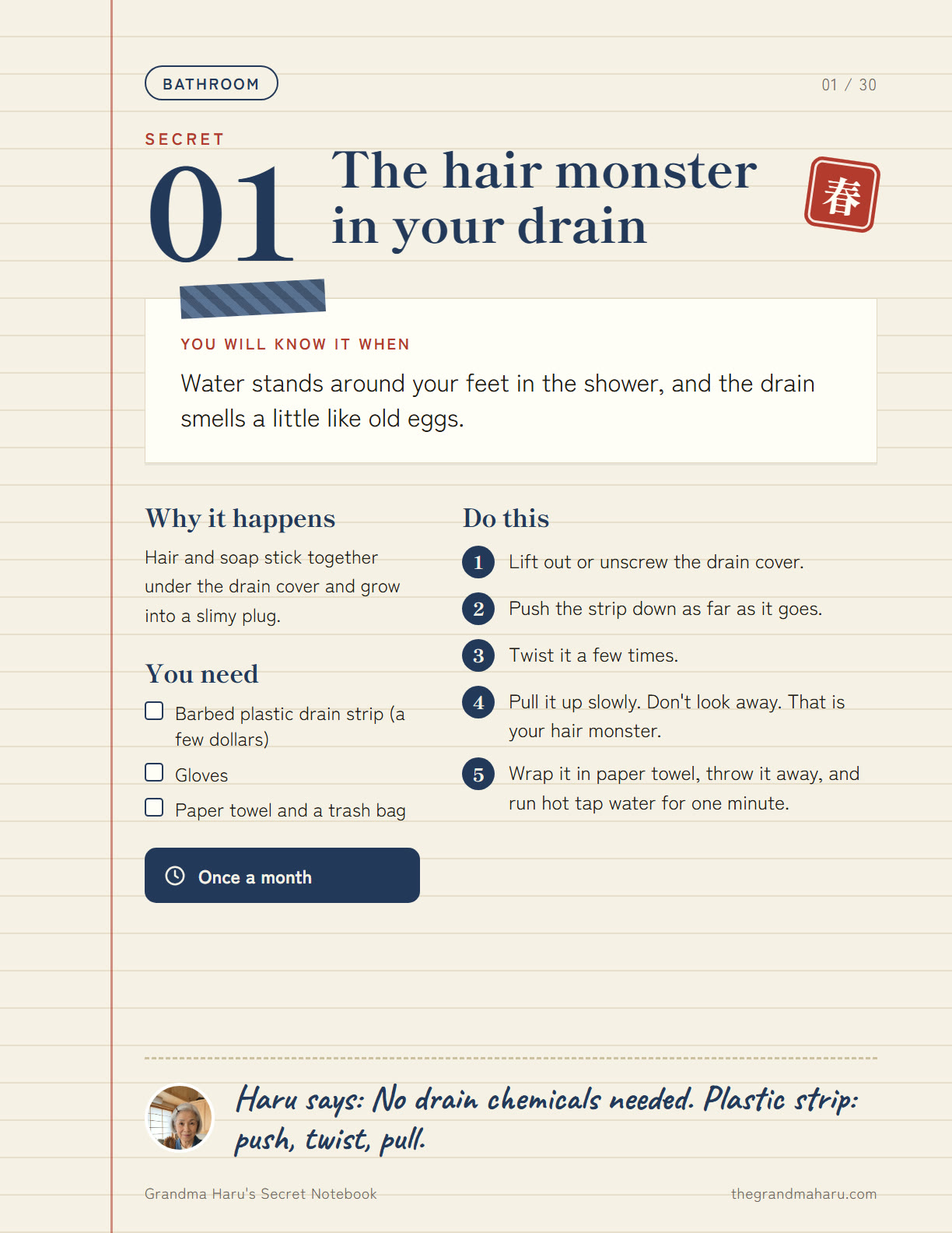 Notebook page: the hair monster in your drain