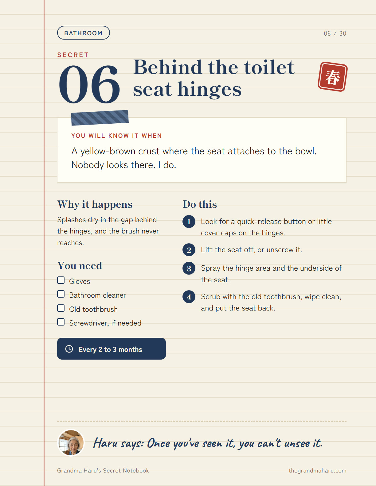 Notebook page: behind the toilet seat hinges