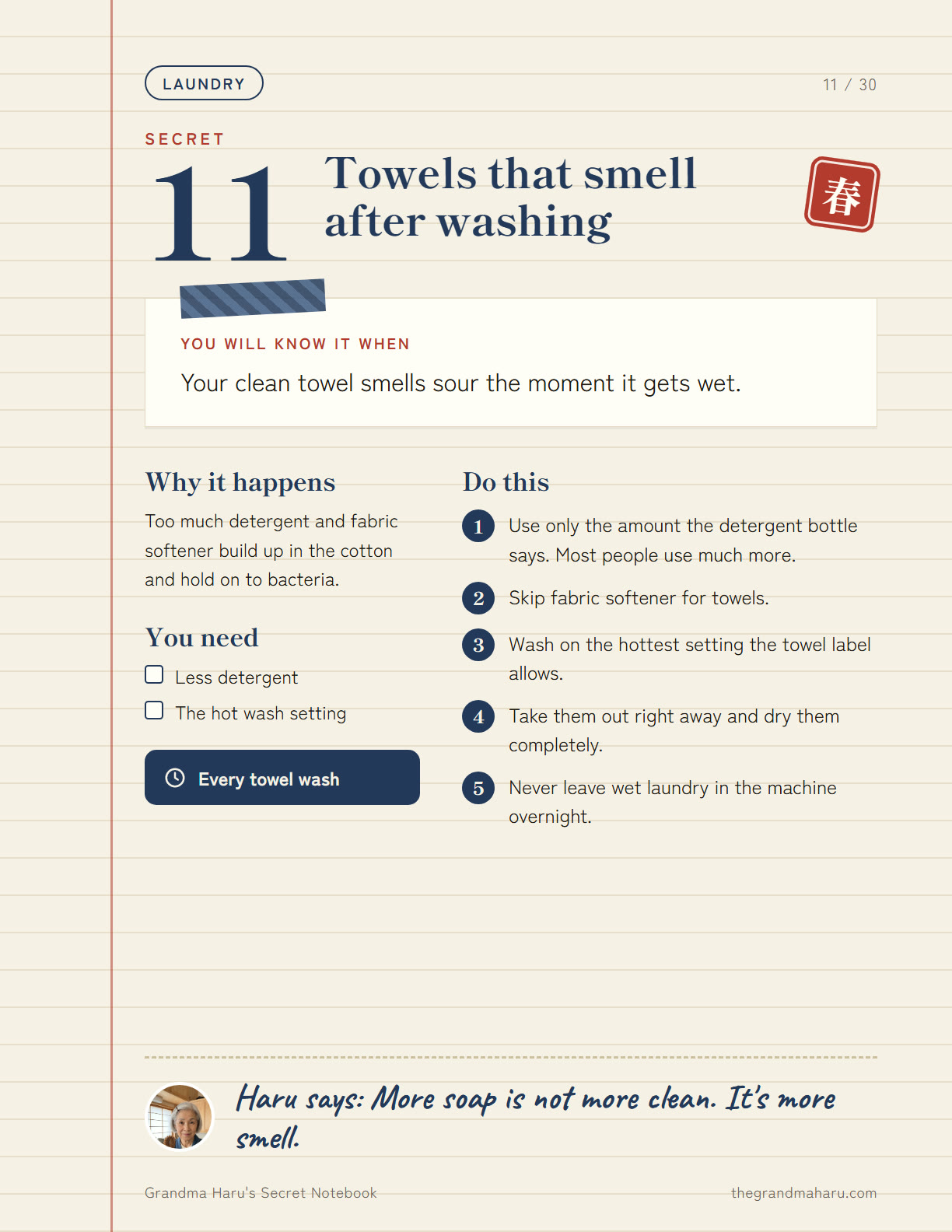 Notebook page: towels that smell after washing